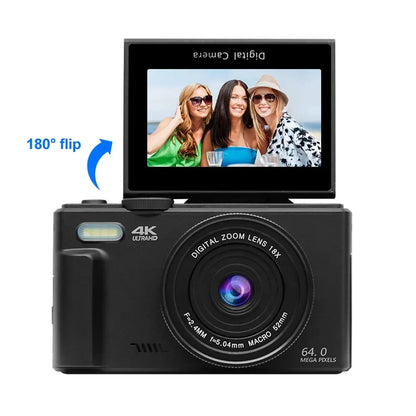 4K Digital Camera – 64MP Compact Photography & Vlogging Camera with 18X Digital Zoom, 3'' 180° Flip Screen & Flash