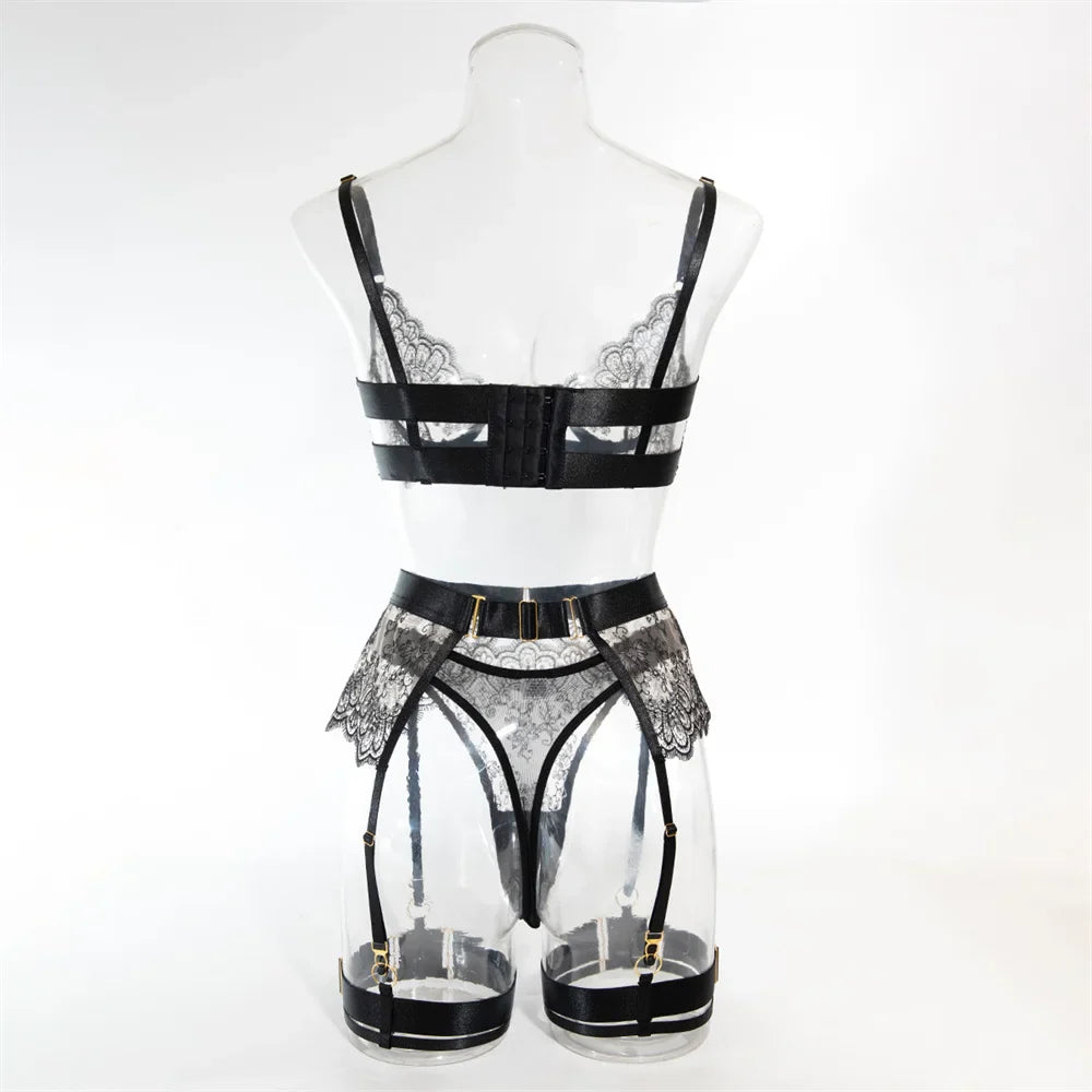 Krasapt Luxury Black Flower Embroidery Lingerie – 4PC Mesh Bra, Thong & Garter Erotic Set