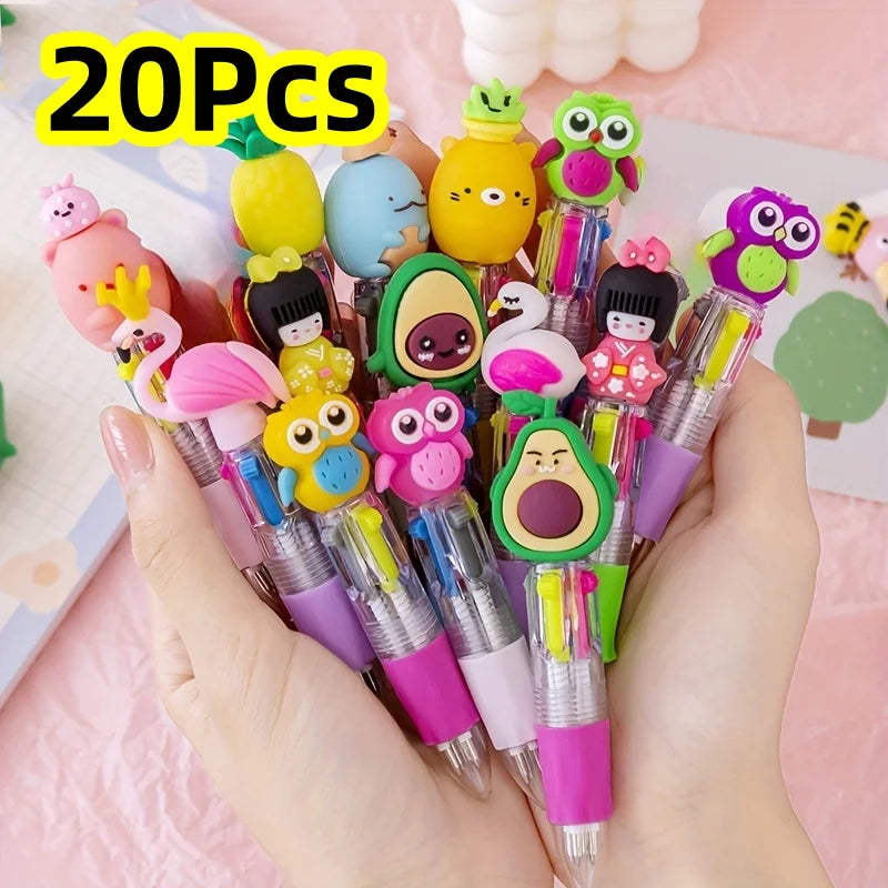 Cute Cartoon 4-Color Mini Ballpoint Pens - Kawaii Unicorn & Flamingo Retractable School Office Stationery, 5–20 Pieces