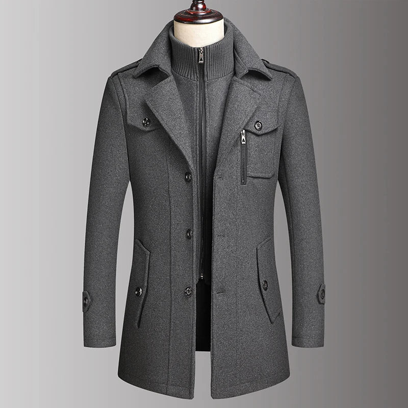 Men’s Double Collar Wool Coat – Stylish Autumn Winter Business Woolen Jacket for Middle-Aged Men