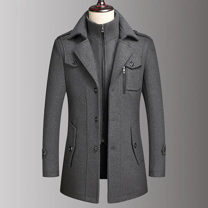 Men’s Double Collar Wool Coat – Stylish Autumn Winter Business Woolen Jacket for Middle-Aged Men