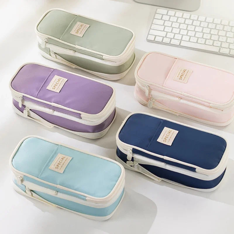 Cute Macaron Canvas Pencil Case - Large Capacity Double-Layer Kawaii School Stationery Pouch for Girls & Kids