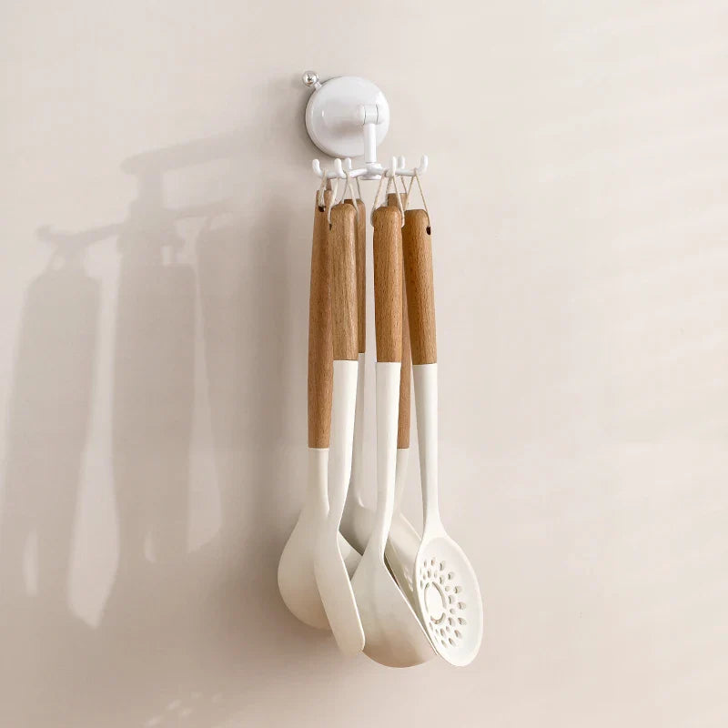 Drill-Free 6-Claw Rotating Suction Cup Kitchen Hook — Rotatable Plastic Wall-Mount Spatula & Cookware Holder
