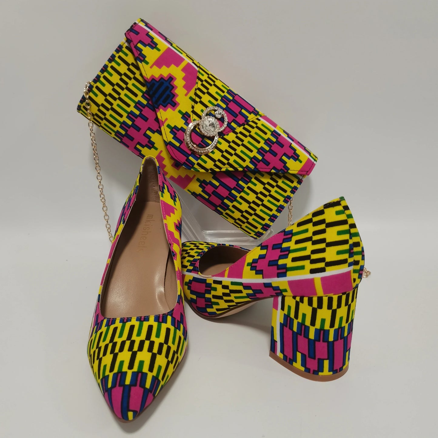 African Kente Print Women’s Shoe & Purse Set - Ankara Wax Print High Heels for Parties, Sizes 37-42