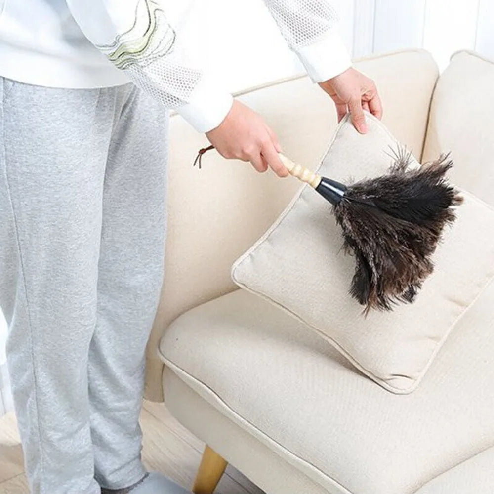 Ostrich Feather Dusting Brush – Wooden Handle Anti-Static Household & Car Cleaning Duster Tool