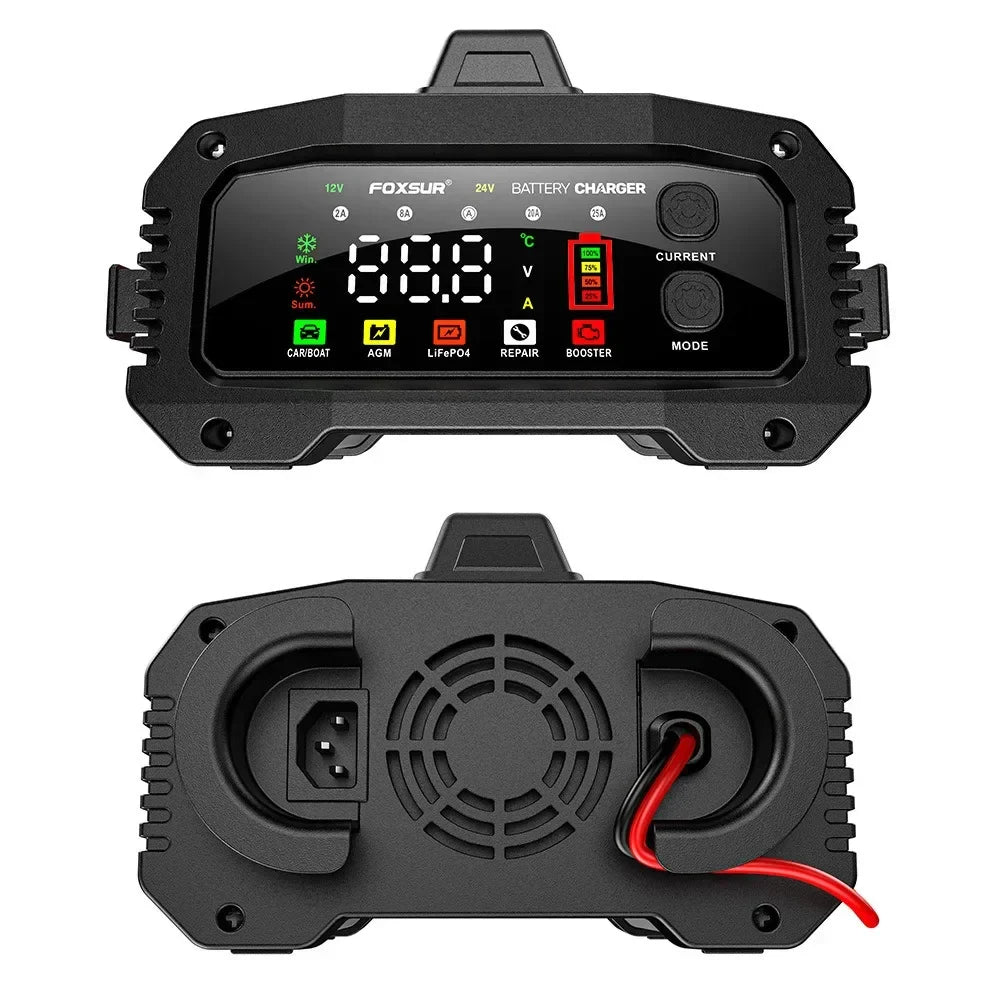 Portable 25A/15A Smart Car Battery Charger — 12V/24V AGM, GEL, LiFePO4 Motorcycle & Car Booster with Pulse Repair