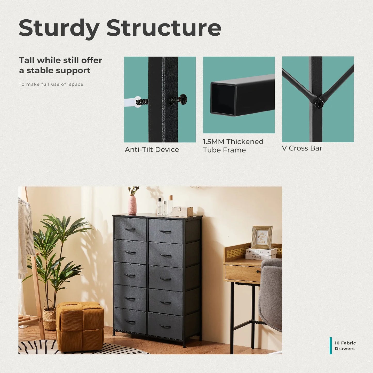 Bedside Table with 10 Fabric Drawers – Steel Frame Nightstand Storage Cabinet for Bedroom Clothes Organizer