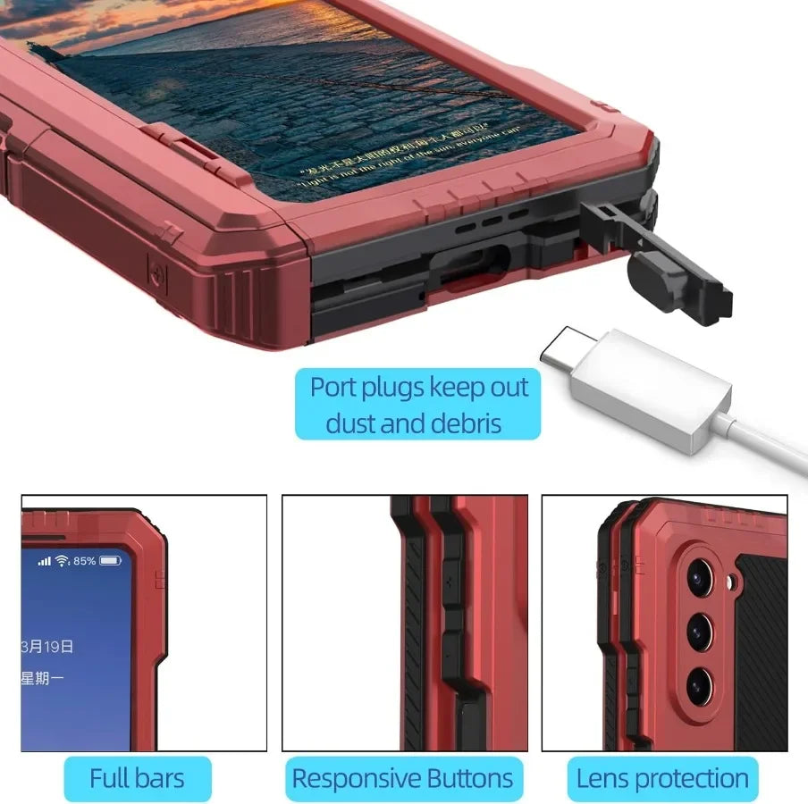 3-Layer Heavy Duty Metal Case for Samsung Galaxy Z Fold 6/5/4 – Shockproof Aluminum & Silicone Cover with Stand and Screen Film