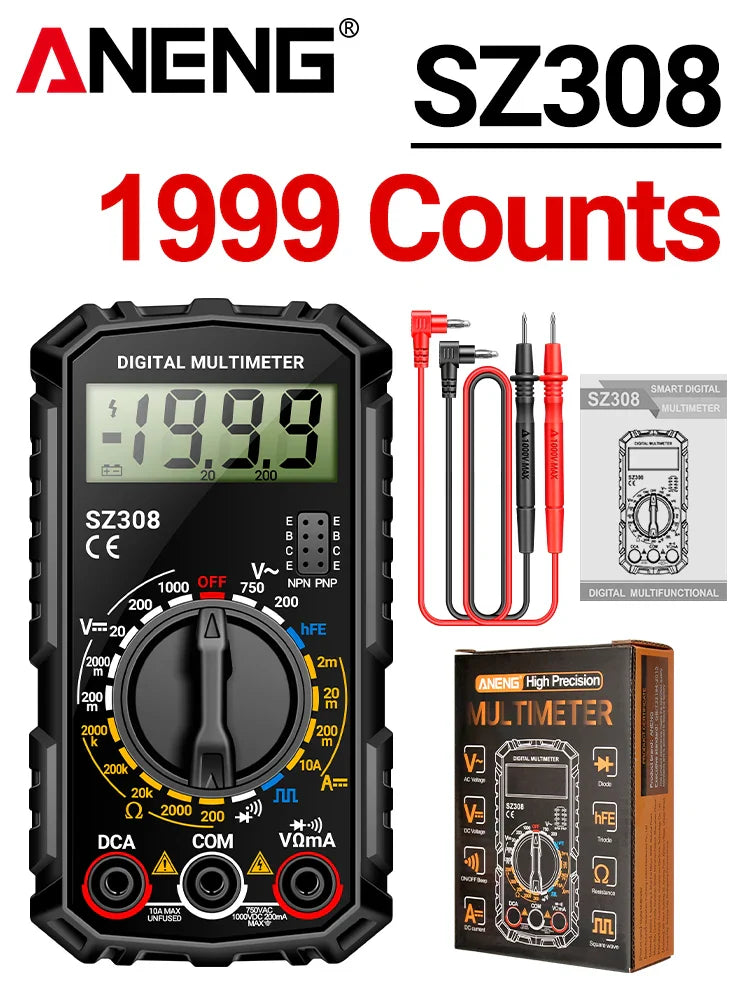 ANENG SZ308 1999-Count Multimeter — HFE Triode Tester, Square Wave Voltmeter & 10A Current Meter