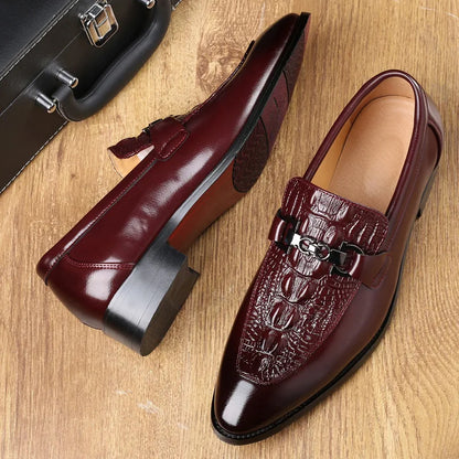 Men's Crocodile Grain Leather Loafers - Slip-On Business Office Wedding Party Dress Shoes with Buckle Flats