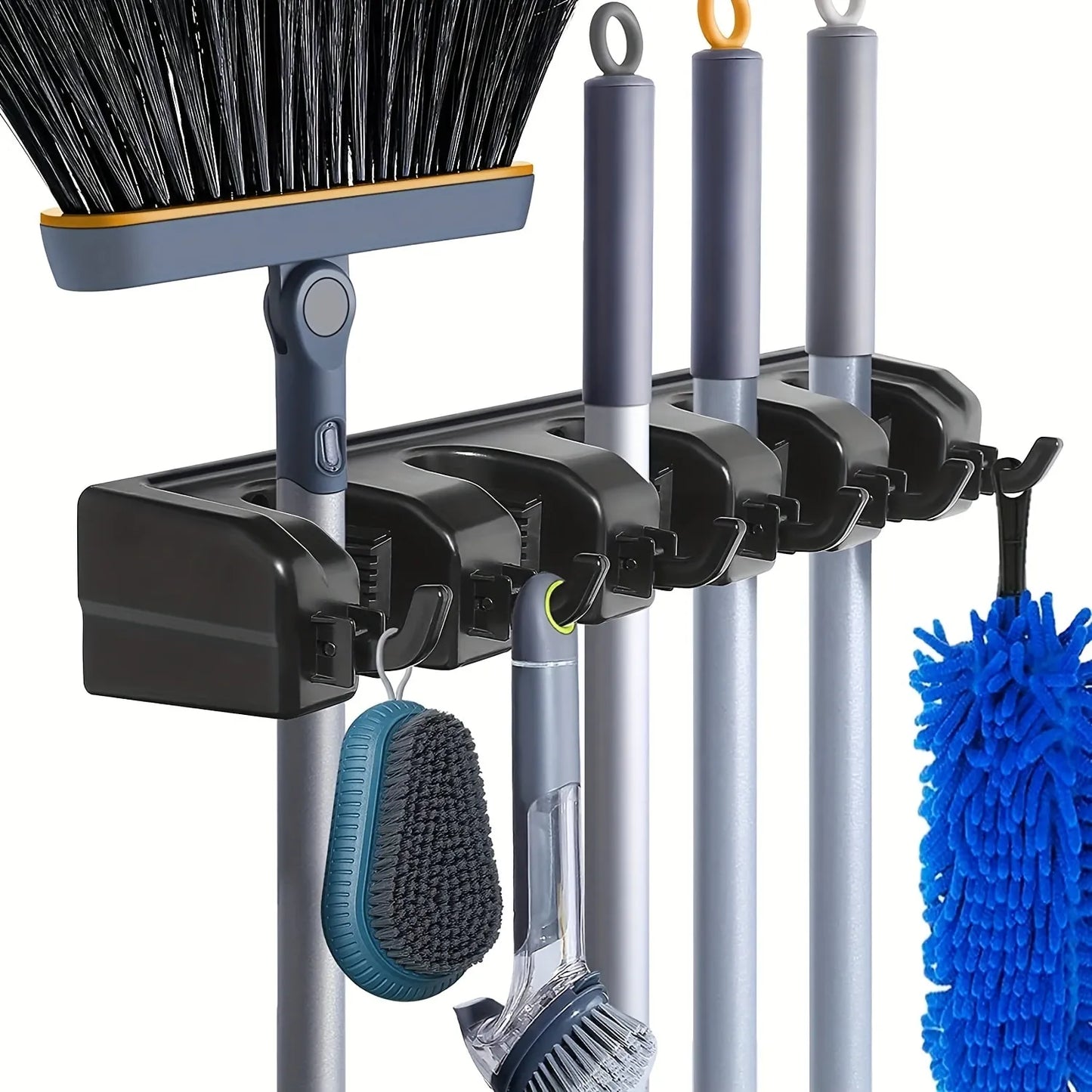 Wall Mounted Mop Holder - 3/4/5 Position Multi-Functional Broom Hanger Shelf for Home Kitchen Storage, Black Magic Plastic Mop Holder