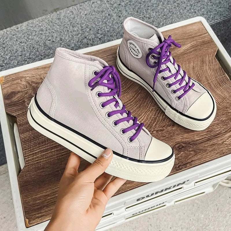 Women’s High-Top Canvas Shoes — Round-Toe, Low-Profile, Breathable Flat Heel Board Shoes for Spring/Summer
