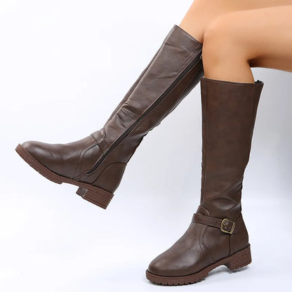 Women’s Knee-High Platform Boots – Low Heel Round Toe Brown PU Leather Long Boots with Zipper, Vintage Style 2025