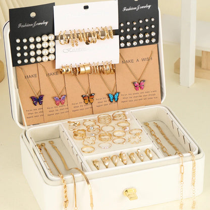 104-Piece Fashion Jewelry Set - Metal Pearl & Zircon Butterfly Earrings, Necklace, Bracelet and Rings for Women