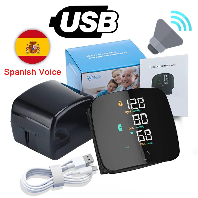 LED Rechargeable Wrist Blood Pressure Monitor – English, Russian, Portuguese, Spanish Voice Broadcast Tonometer