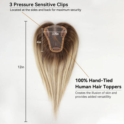 Blonde Brown Ombre Hair Topper – 100% Remy Human Hair, 12" Silk Base, 150% Density, 3-Clip Hairpiece for Women