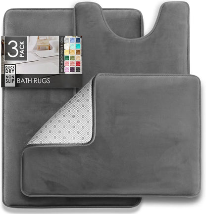 3PC Velvet Memory Foam Bathroom Rug Set - Ultra Soft, Non-Slip, Quick-Dry Machine Washable Bath Mats