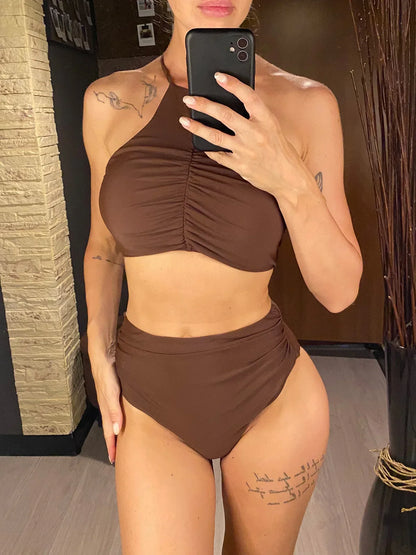 Women’s Halter High Neck Bikini Set, Wrinkled High Waist Two-Piece Swimsuit, Stylish Bathing Suit Swimwear V5616