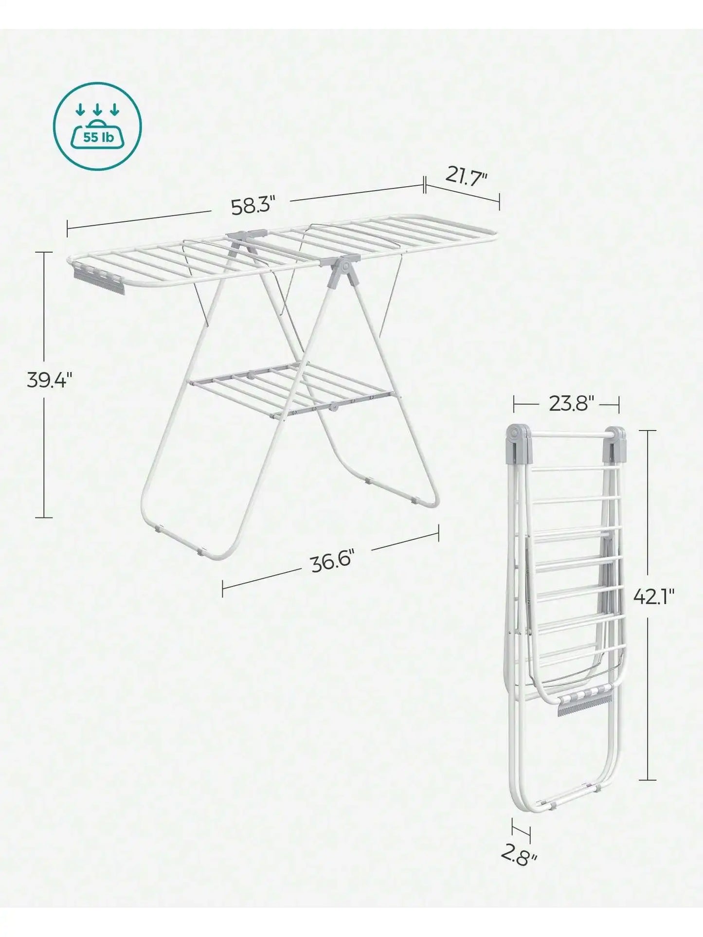 SONGMICS Foldable Clothes Drying Rack – Metal Laundry Airer with Sock Clips, Height Adjustable & Space-Saving Design