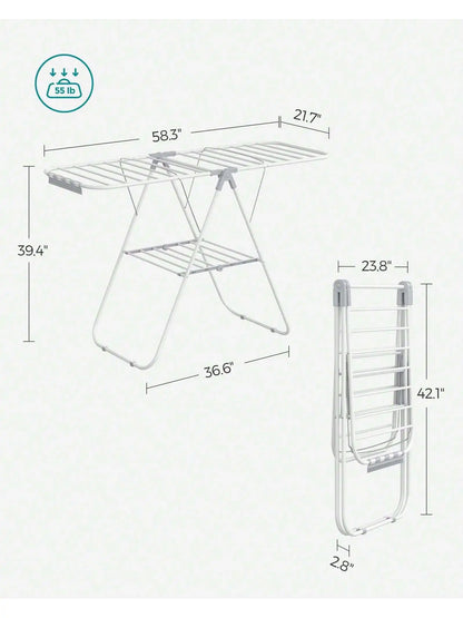 SONGMICS Foldable Clothes Drying Rack – Metal Laundry Airer with Sock Clips, Height Adjustable & Space-Saving Design
