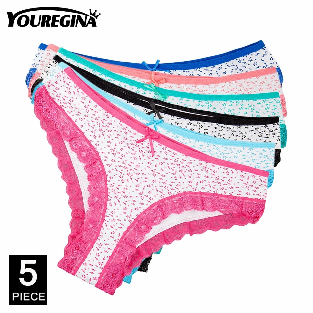 Women’s Cotton Lace Panties Set - 5Pcs Sexy Bikini Briefs with Striped Print Underwear for Ladies & Girls