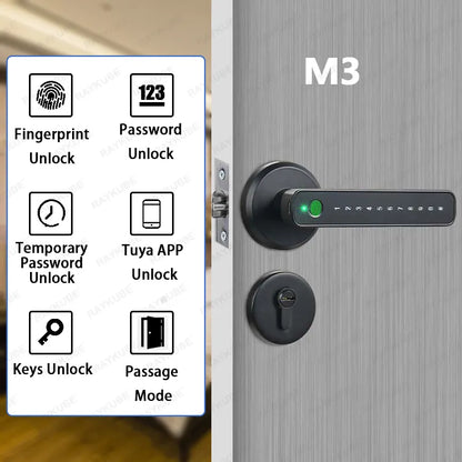 RAYKUBE M3 Tuya BLE Smart Fingerprint Door Lock - Electronic Digital Lock with 60/70mm Latch, Keys, and Remote App Unlocking