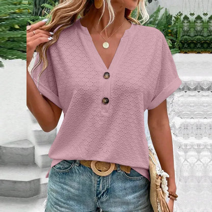 2023 Women's Jacquard V-Neck Blouse – Casual Button-Up, Loose Fit Short Sleeve Oversized Summer Shirt