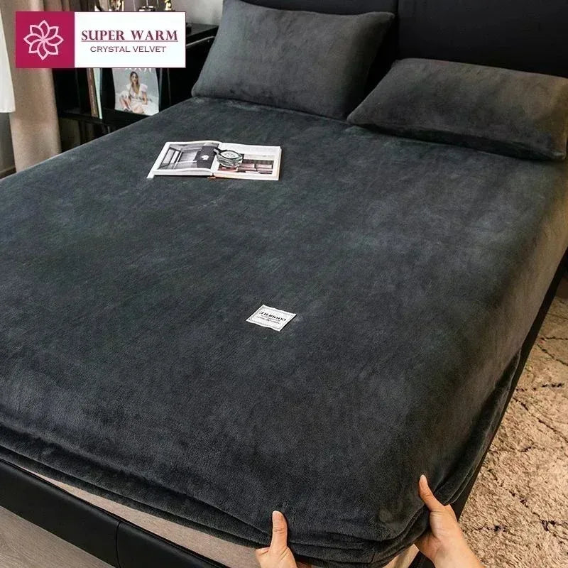 Soft Warm Plush Fitted Sheet – Elastic Coral Fleece Mattress Cover for Winter, Luxury Double Bed Bedding