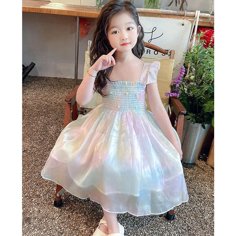 Girls Butterfly Princess Dress - Pearl Lace Mesh Gradient Rainbow Party Gown for Ages 1-8
