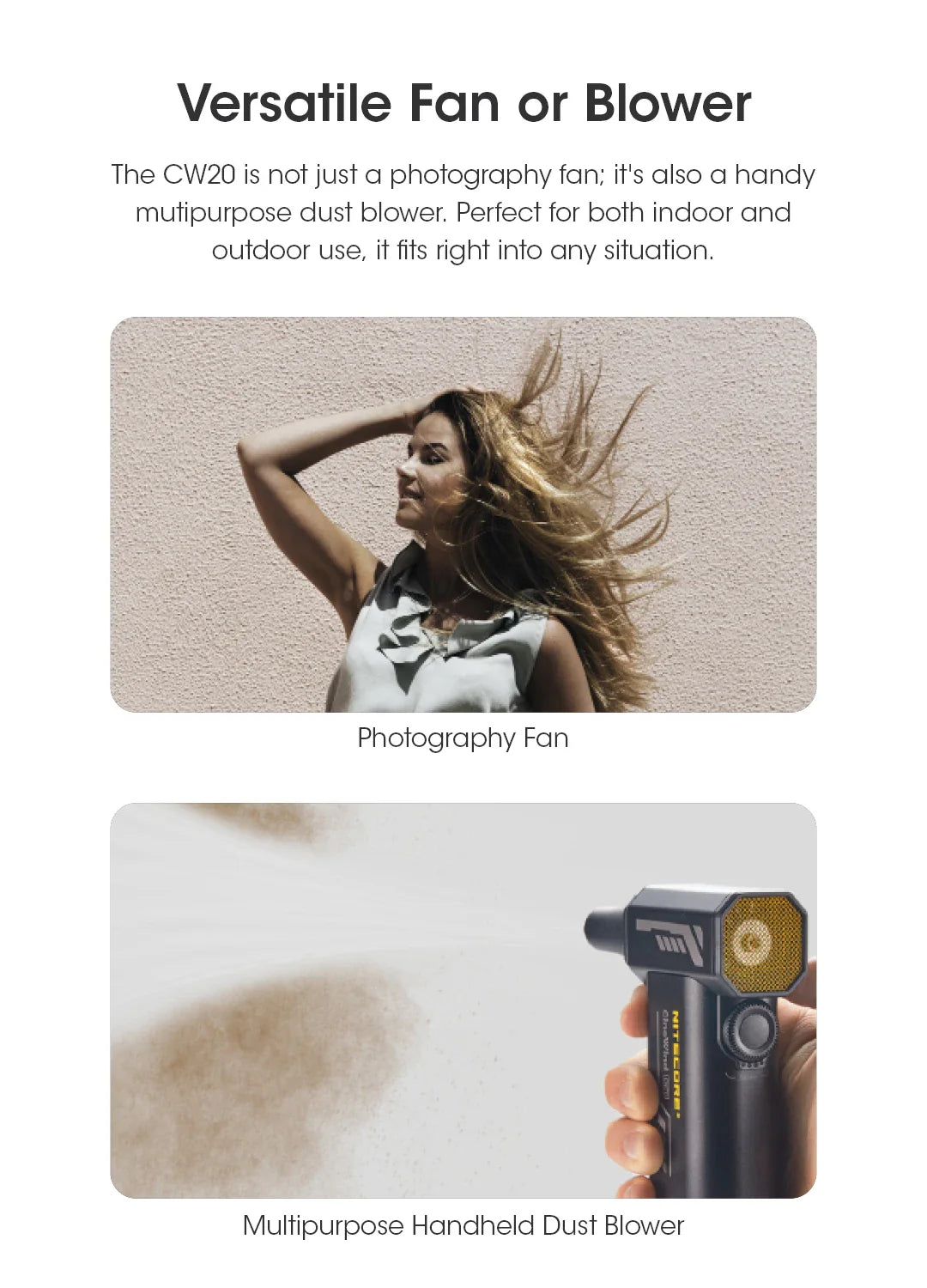 NITECORE CW20 Multipurpose Pocket Fan - Portable Stepless Wind Blower for Photography, Canon, Sony, Short Video & Camping