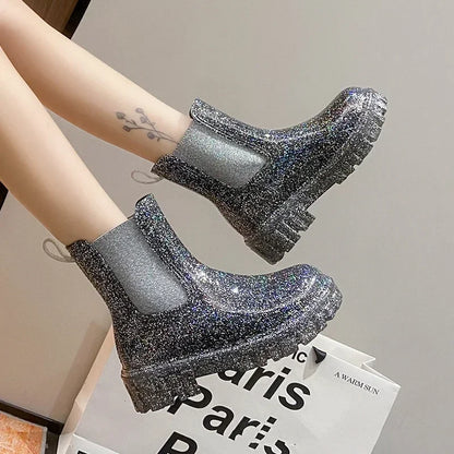 Women’s Shiny Color Fashion Rain Boots – Four-Season Waterproof Mid-Tube Ankle Outdoor Shoes