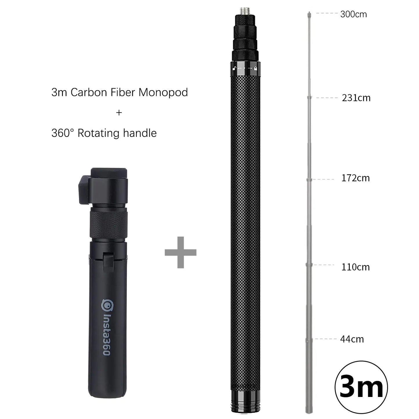 Carbon Fiber Invisible Selfie Stick 1.2m/3m – Bullet Time Rotating Tripod Handle for GoPro & Insta360 X4/X3/X2
