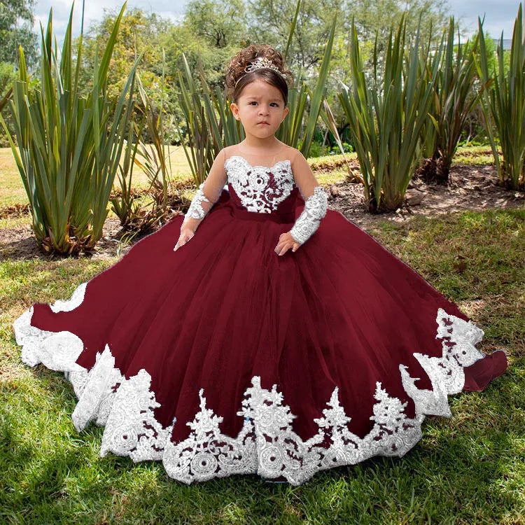 Flower Girl Wedding Dress - Long Sleeve Satin Bow Ball Gown for Toddlers & Girls