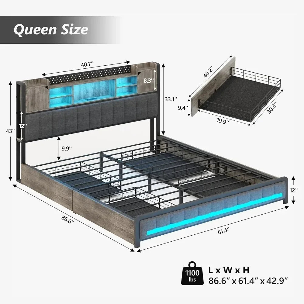 Queen Bed Frame with 4 Storage Drawers – Upholstered LED Bed with Bookcase Headboard, Type-C & USB Charging Station