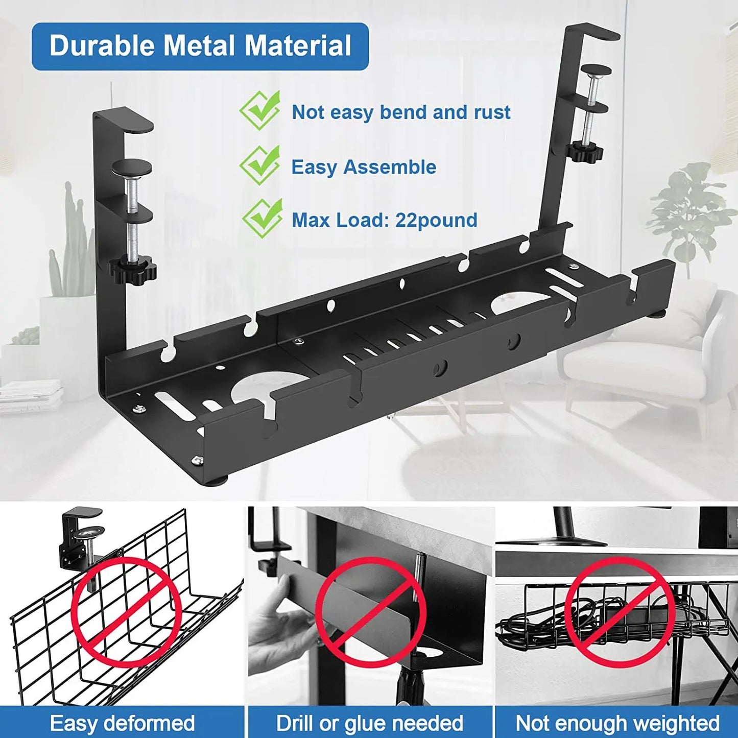 Telescopic Under-Desk Storage Rack – Metal Cable Management Tray for Home and Office, No-Punch Wire Organizer