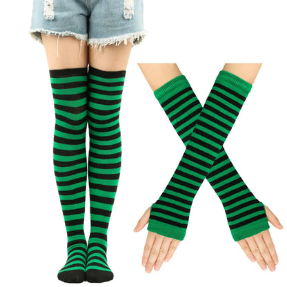 Women & Girls Over Knee Long Stripe Printed Thigh High Cotton Socks – Cute Plus Size Arm Sleeve Gloves & Overknee Socks