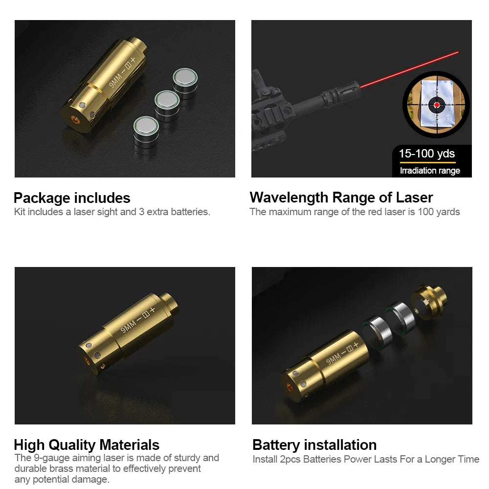 9MM Red Dot Laser Bore Sighter – Brass Optics Cartridge for Pistol & Rifle Scope Hunting with 6 Batteries