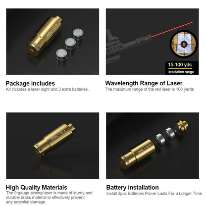 9MM Red Dot Laser Bore Sighter – Brass Optics Cartridge for Pistol & Rifle Scope Hunting with 6 Batteries
