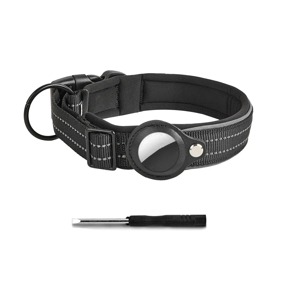 Reflective Heavy-Duty Dog Collar with Adjustable AirTag Holder — For Small, Medium & Large Dogs