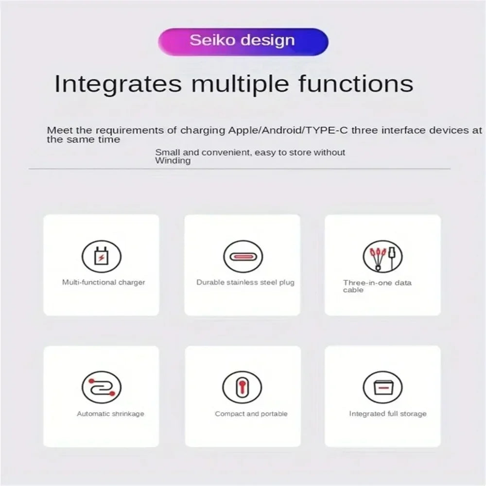 3-in-1 Retractable USB Data Cable – Fast Charging for iPhone, Type-C & Micro USB, Compatible with Android, Xiaomi, Huawei, Samsung