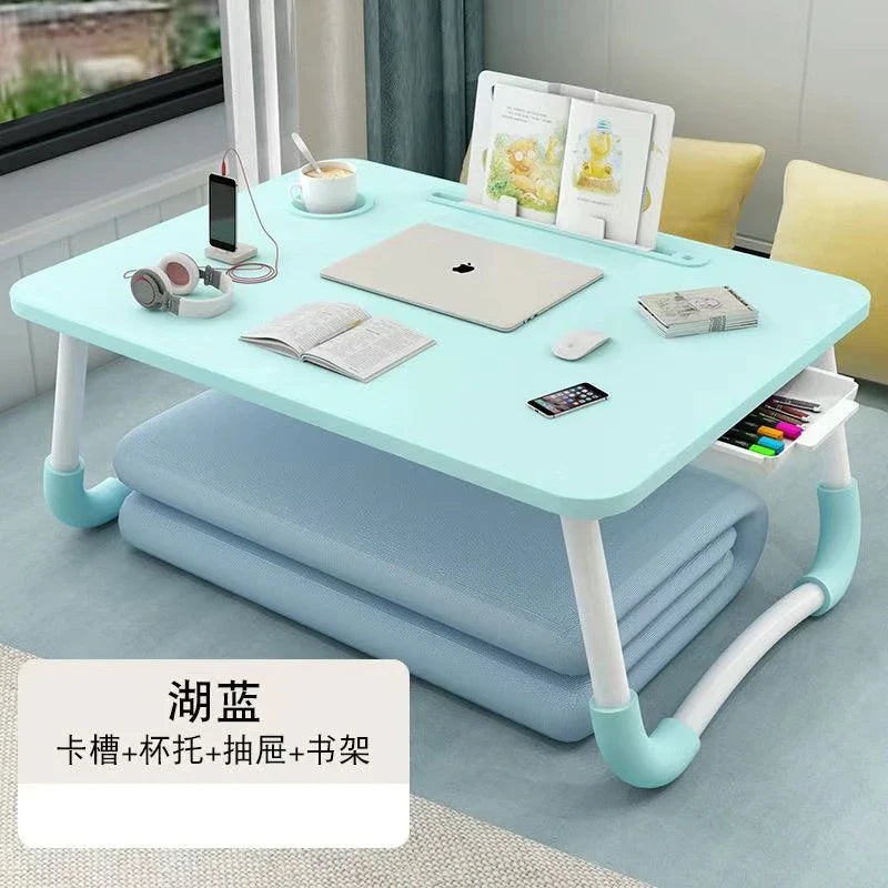 Foldable Laptop Desk for Bed & Sofa – Portable Lap Table with Cup, Book Holder, Drawer, and USB Slot