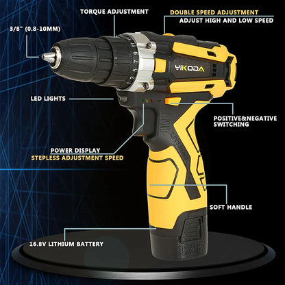 YIKODA Cordless Drill - Rechargeable Electric Screwdriver Lithium Battery - Household Multi-function Power Tools ( 12/16.8/21V, 2 Speed )