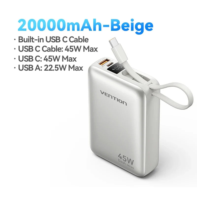 Vention 45W 20000mAh Power Bank - Fast Charging Portable Battery for iPhone, Samsung & Xiaomi