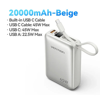 Vention 45W 20000mAh Power Bank - Fast Charging Portable Battery for iPhone, Samsung & Xiaomi