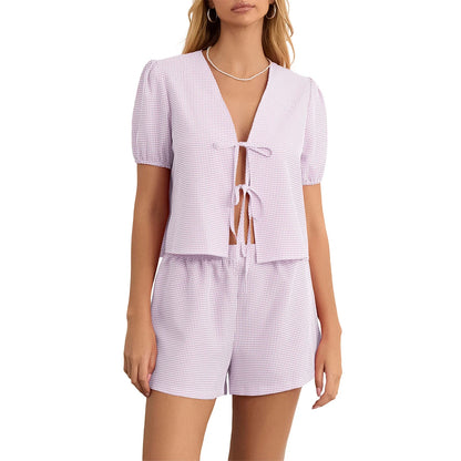 Maemukilabe Y2K Vintage Plaid 2-Piece Set for Women – Loose V-Neck Puff Sleeve Tie-Up Blouse & Shorts Lounge Matching Outfit