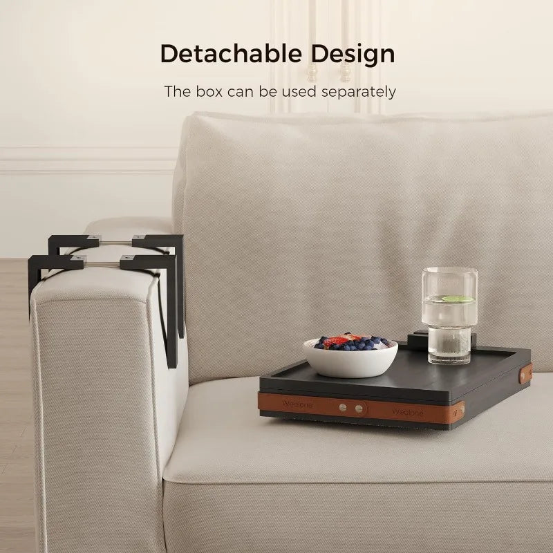 Black Sofa Armrest Tray with Storage Box – Couch Arm Table with 360° Rotating Top & Phone Stand