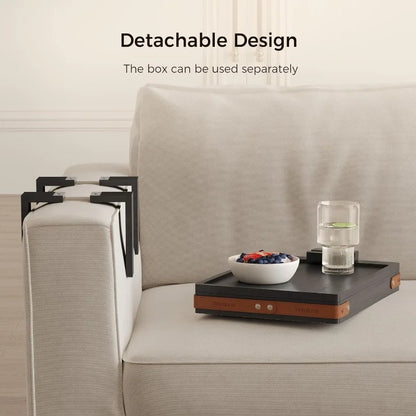 Black Sofa Armrest Tray with Storage Box – Couch Arm Table with 360° Rotating Top & Phone Stand