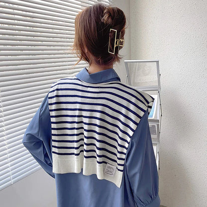 Striped Knitted Shawl Scarf – Warm Winter Cape with Fake Collar for Women