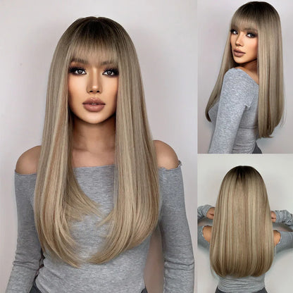Ombre Honey Brown Long Synthetic Wig with Bangs — Wavy, Realistic, Soft, Heat-Resistant Hair for Daily & Party
