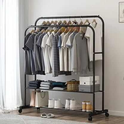 Heavy Metal Double Clothes Rack – Rolling Garment Display Stand with Storage Shelf, Closet Organizer